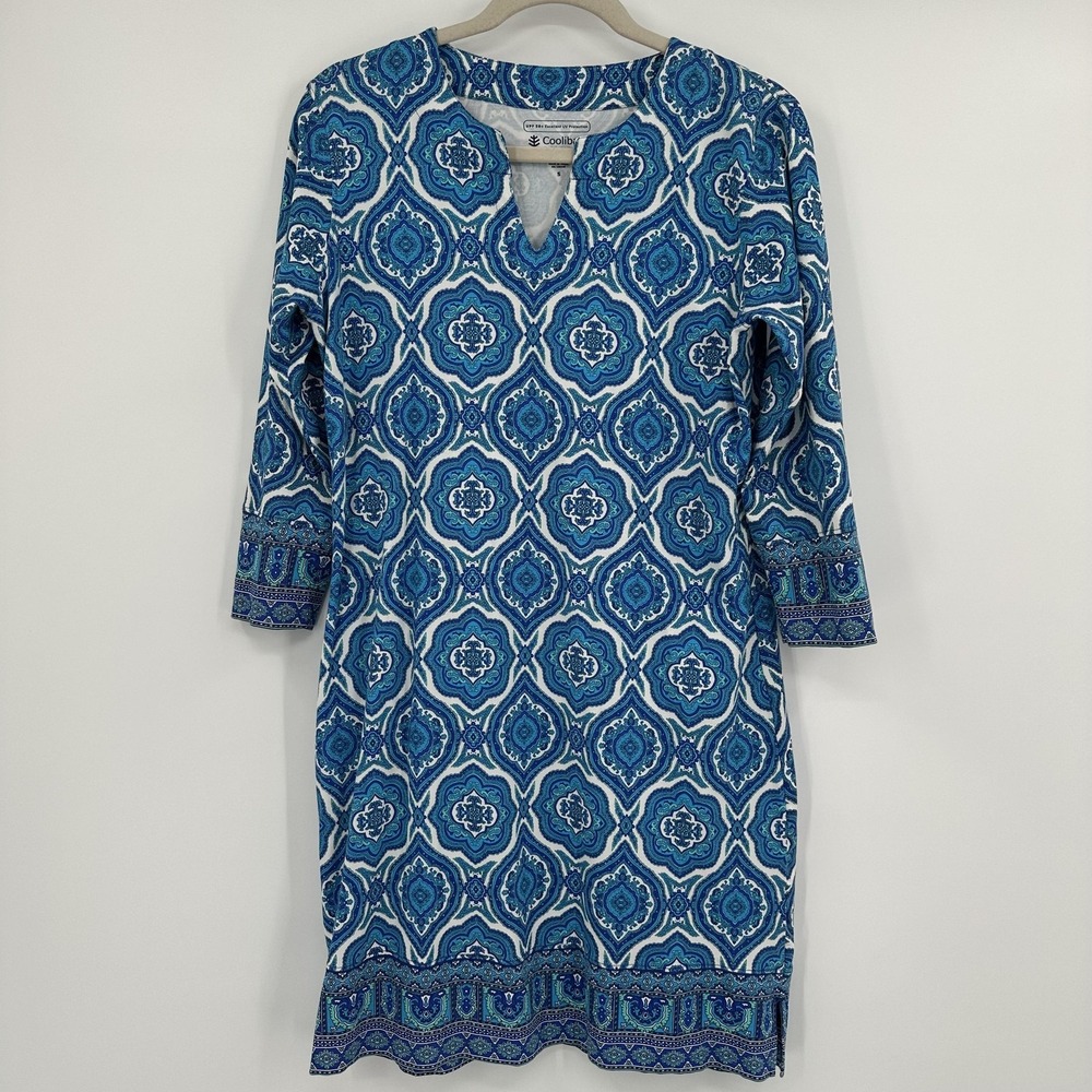 Coolibar Dress Womens Small Blue White UPF 50+ Sun Protective Tunic 3/4 Sleeve